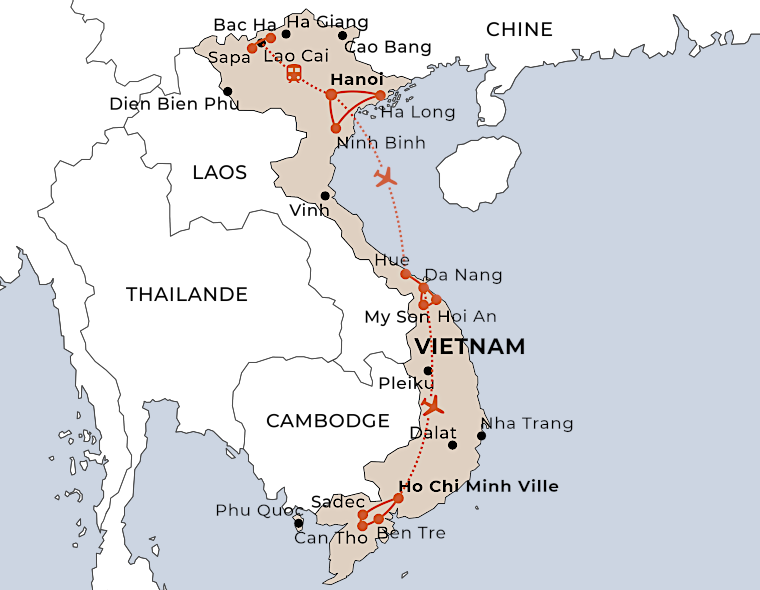 Carte itinéraire du Vietnam en petit groupe Nord Sud 2026